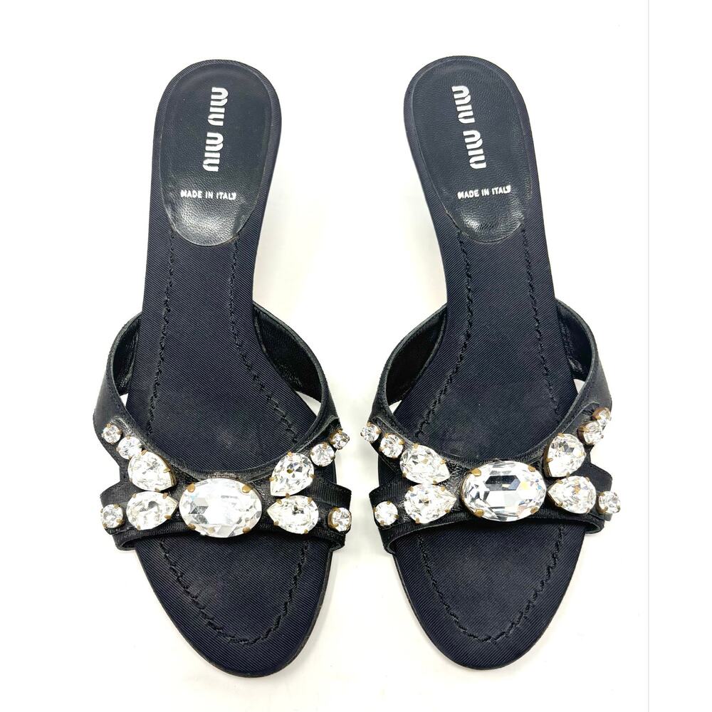 Mui Mui Crystal Black Satin Kitten Heels Mules Y2K Vintage 38.5